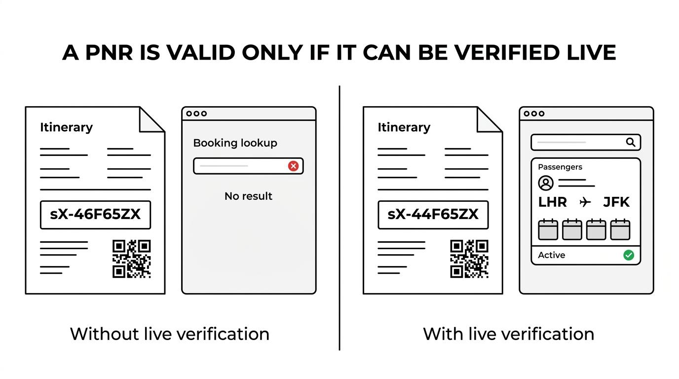 Side by side view of a live verifiable airline reservation and a static itinerary PDF, highlighting active lookup and matching traveler details versus a document with no live record.