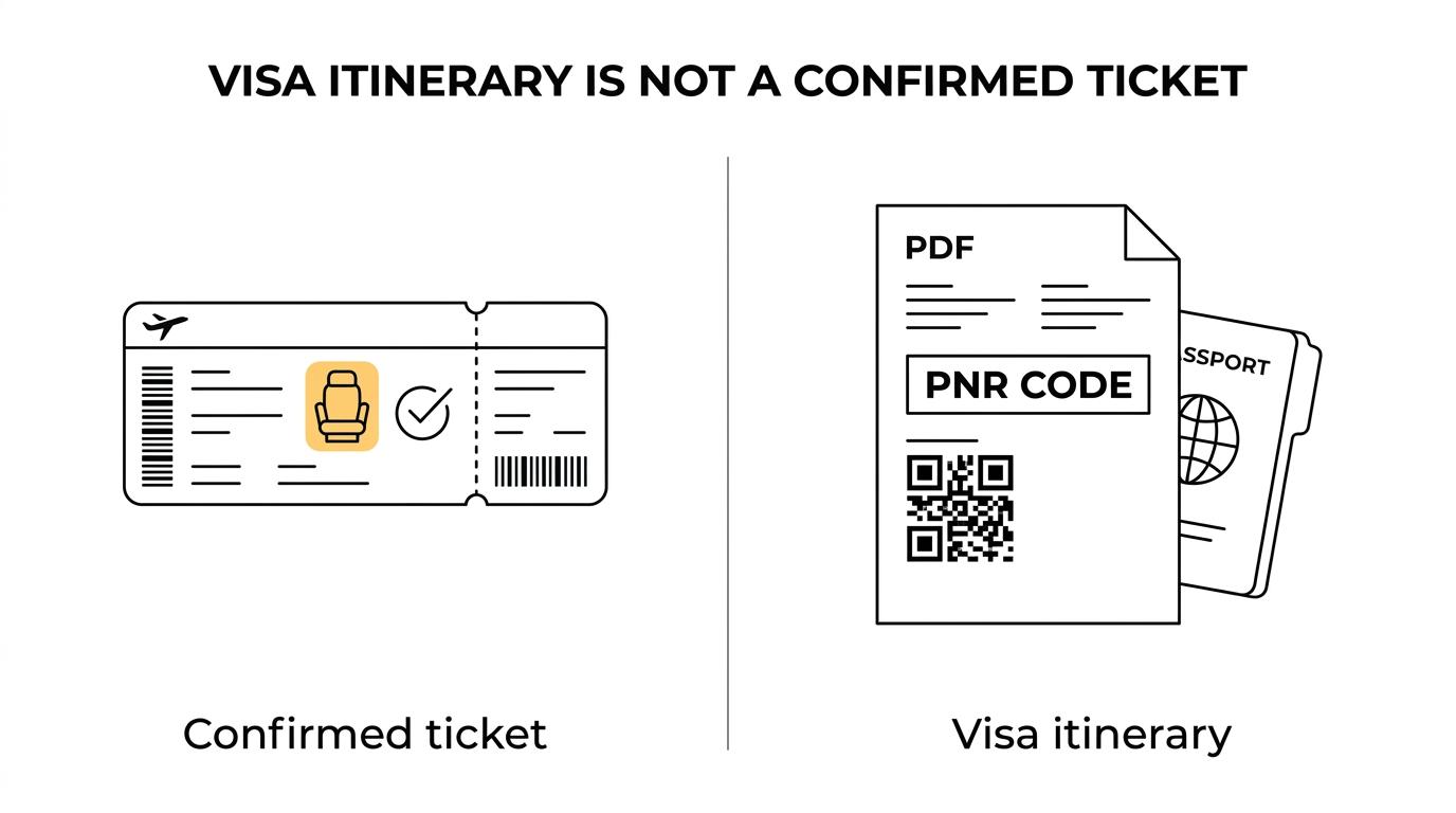 Side-by-side comparison of a visa-supporting flight itinerary document versus a confirmed airline ticket, highlighting PNR verification, cost timing, and seat confirmation differences.