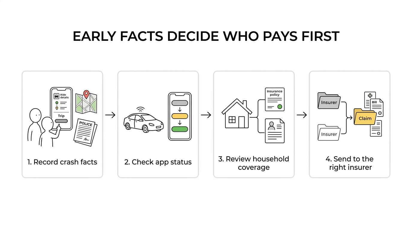 Flowchart showing an injured MSU student after a rideshare crash moving through medical care, evidence collection, app-status review, no-fault coverage check, and possible insurance paths.