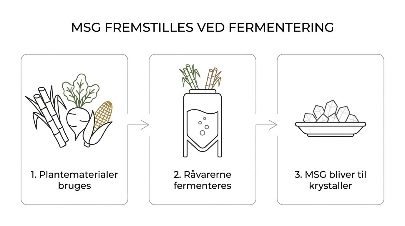 Diagram showing plant ingredients fermented into glutamate, then purified and crystallized into white MSG crystals.