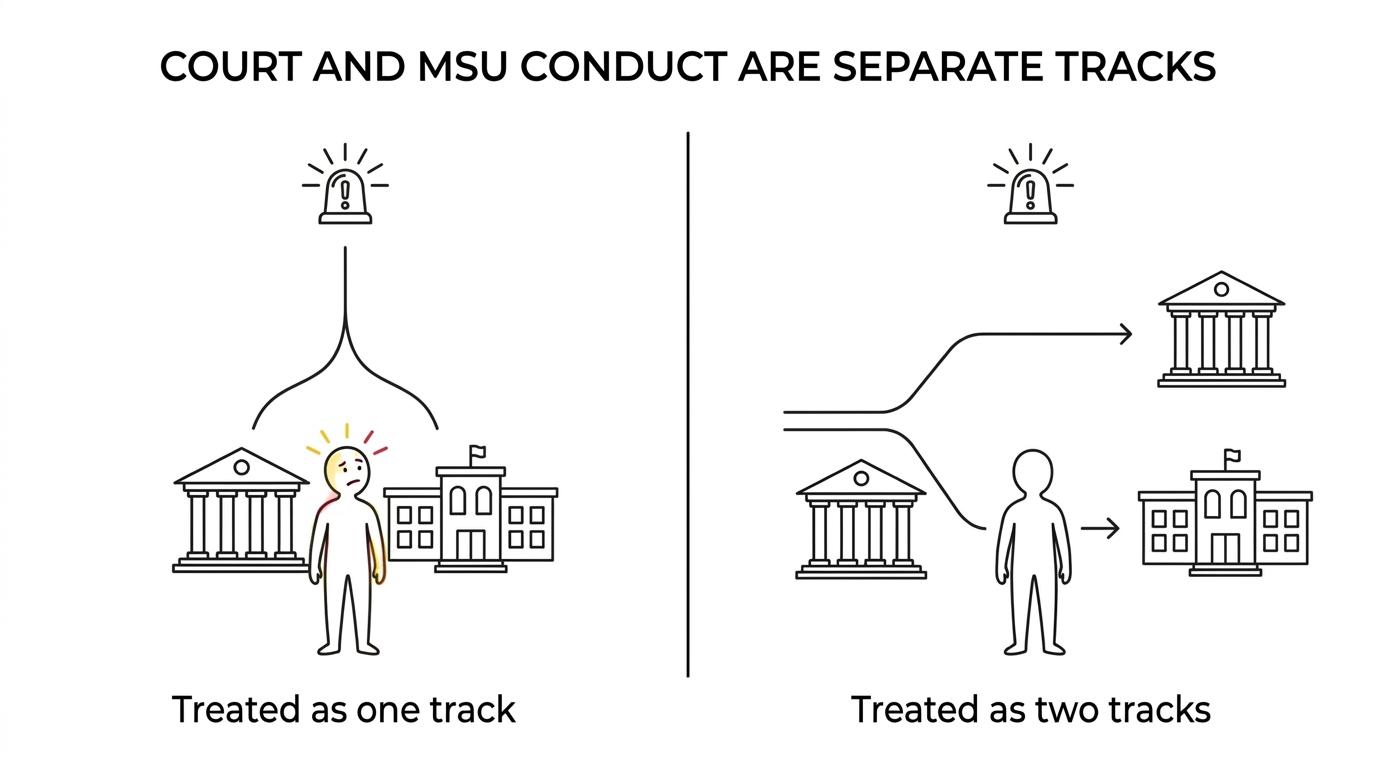 Side-by-side comparison of a 54B District Court case and an MSU student conduct case, showing different standards, deadlines, and consequences.