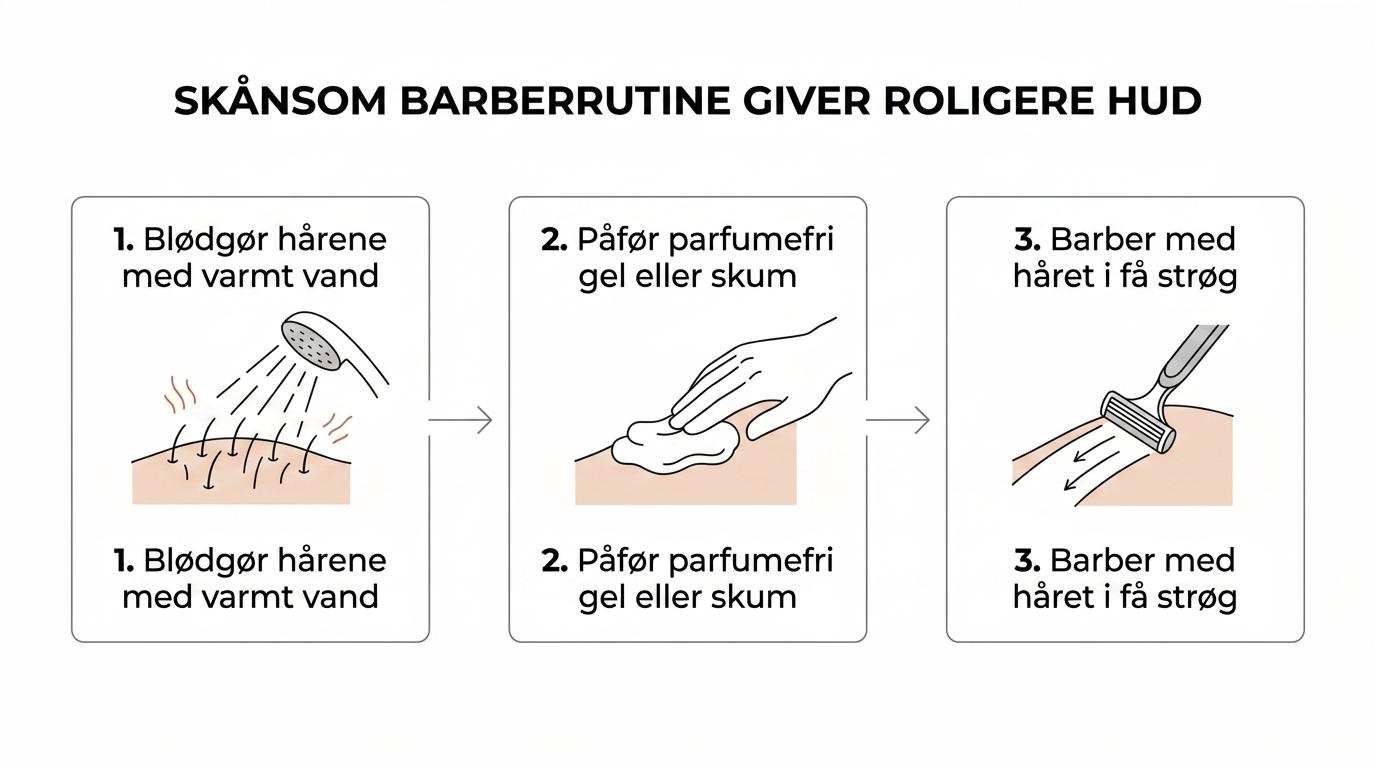 Trinvis barberingsrutine med varmt vand, parfumefri gel eller skum, barbering med hårets retning, få strøg og beroligende aftershave balm.