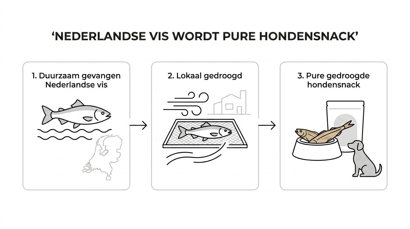 Een eenvoudige stap-voor-stap weergave van duurzaam gevangen Nederlandse vis die lokaal wordt gedroogd en als natuurlijke hondensnack eindigt.