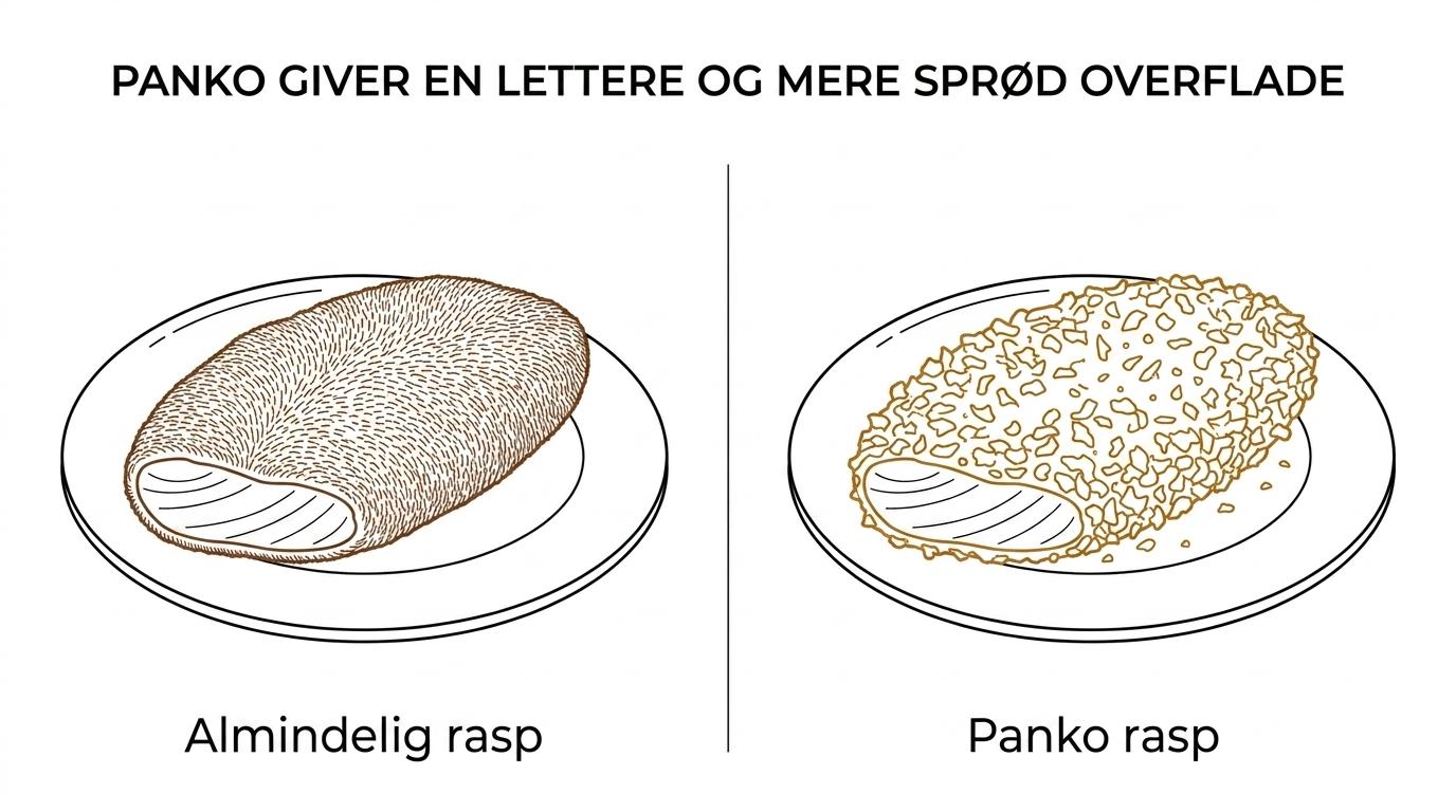 Side om side-visning af panering med panko og almindelig rasp, hvor pankoen ser grovere, luftigere og mere sprød ud.
