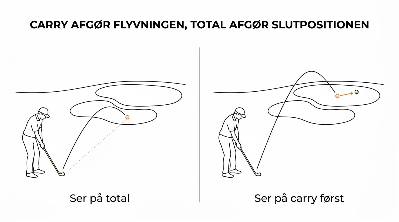 Sammenligning af et golfslag målt som carry i luften og total længde efter rul.