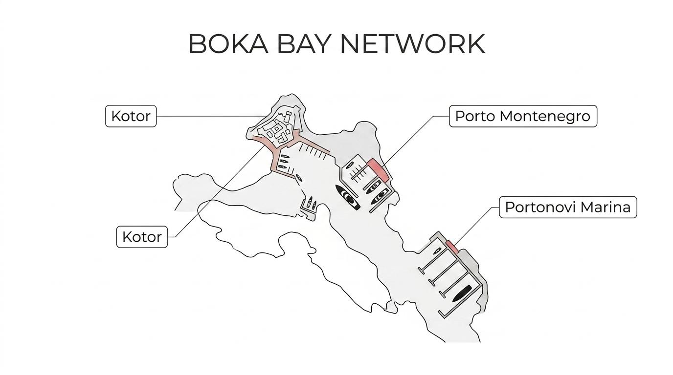 Labeled overview of Boka Bay showing Kotor, Porto Montenegro, Portonovi Marina, Luštica, and the Blue Cave within Montenegro’s charter area.
