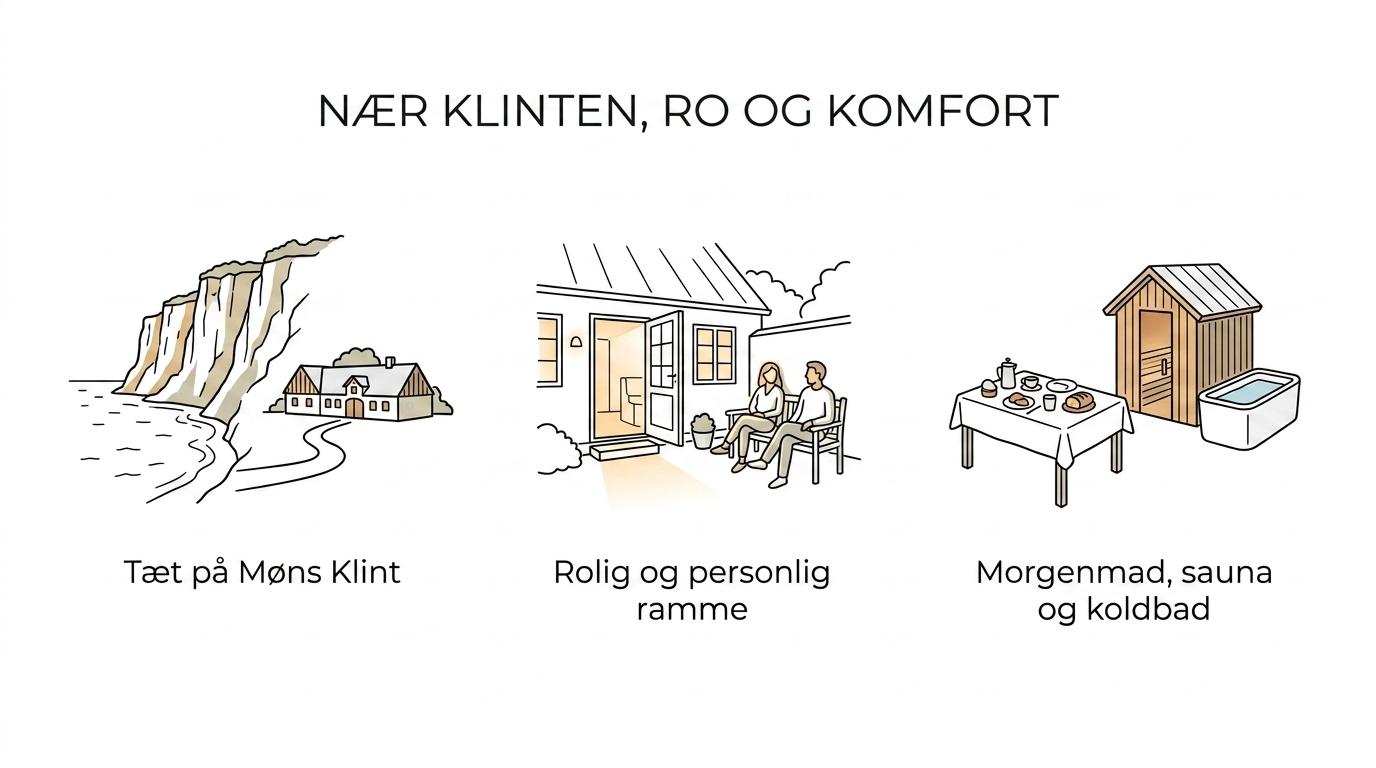 Visuel oversigt over Camønogaardens vigtigste fordele: tæt på Møns Klint, værelser og hytter, morgenmad, sauna og stjernehimmel.