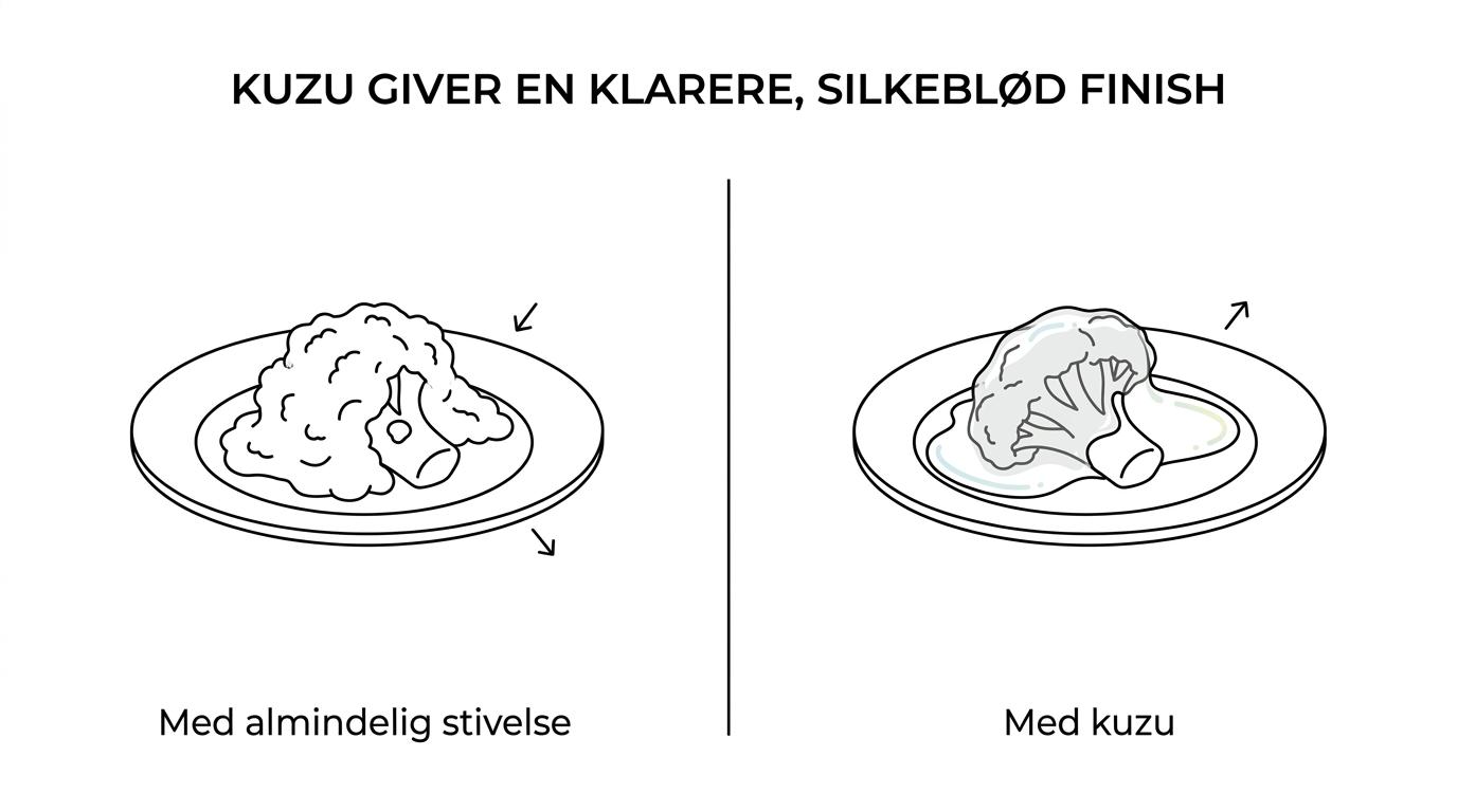 Side-by-side skåle med samme sauce tyknet med kuzu og almindelig stivelse, hvor kuzu-versionen ser klarere og mere blank ud.