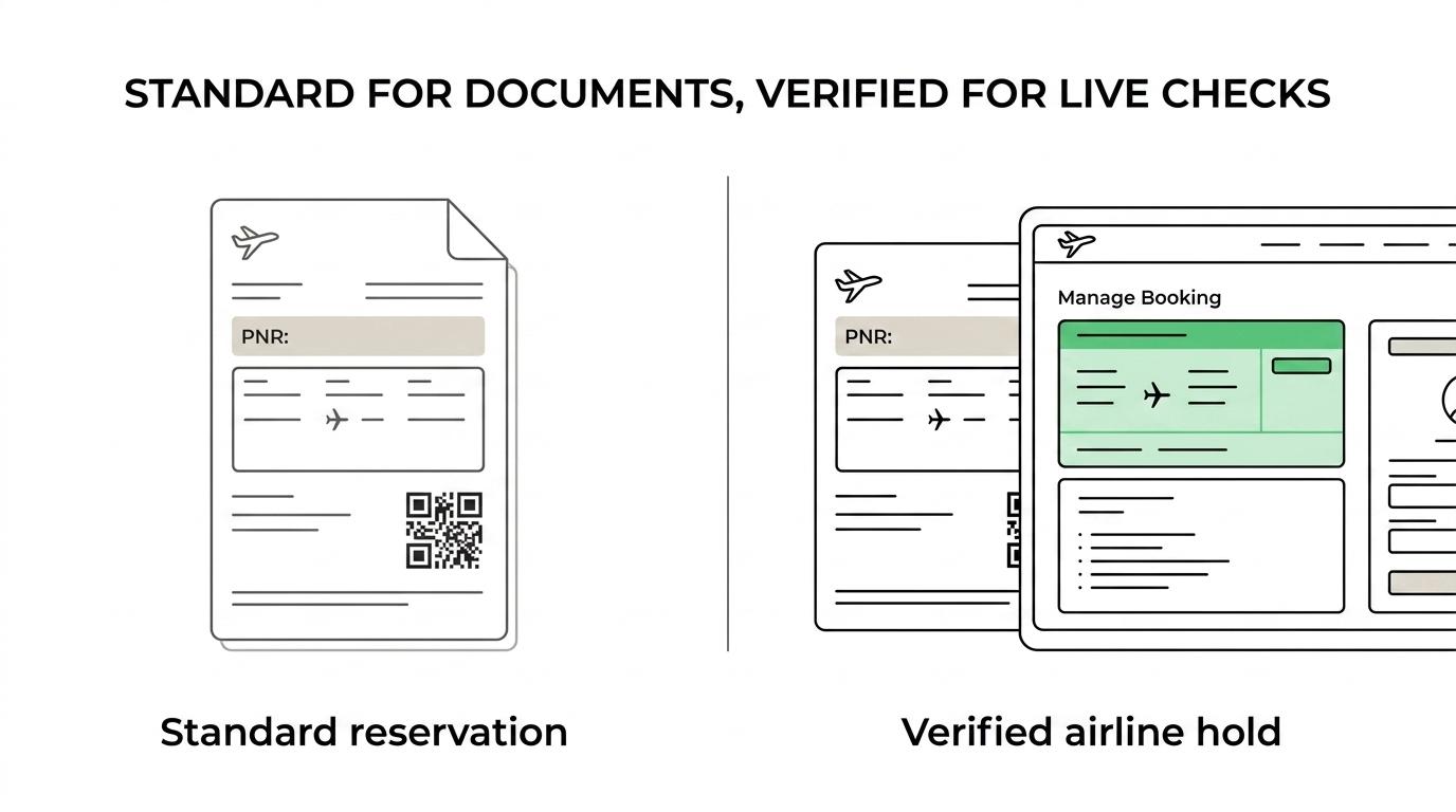 Side-by-side comparison of PNR Booking’s standard flight reservation and Verified Airline Hold, showing price, validity, and airline-side verification.