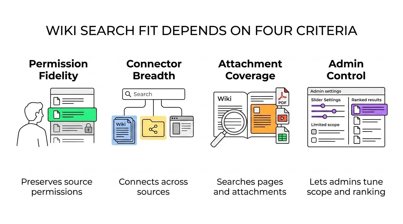 Four labeled blocks showing the main internal wiki search criteria: permission fidelity, connector breadth, attachment coverage, and admin control.