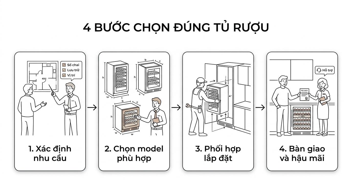 Sơ đồ 4 bước tư vấn và lắp đặt tủ rượu