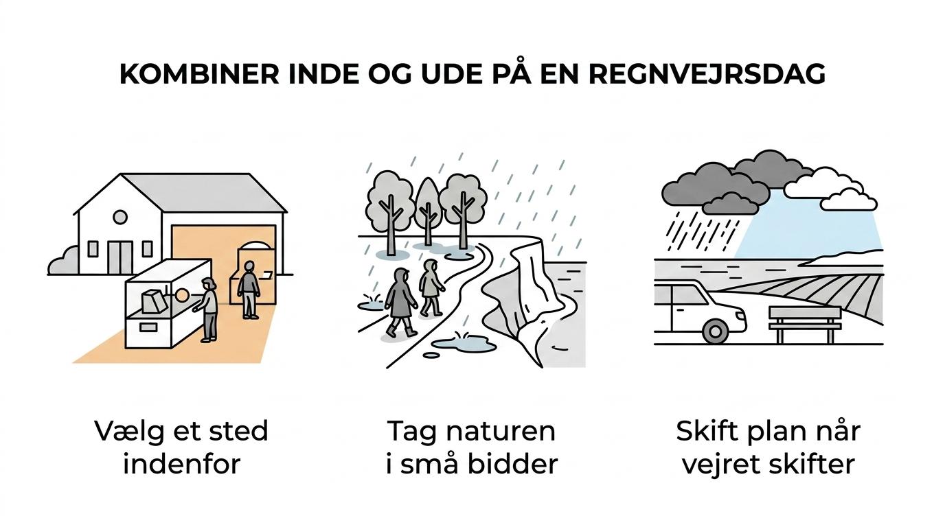 Oversigt over regnvejrsoplevelser på Møn fordelt på indendørs steder, korte ture ude mellem bygerne og stjernehimmel senere på dagen.
