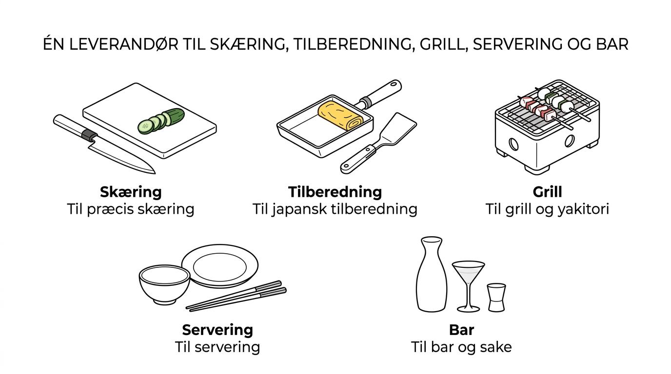 Oversigt over japansk erhvervsudstyr samlet i fem områder: skæring, tilberedning, grill, servering og bar.