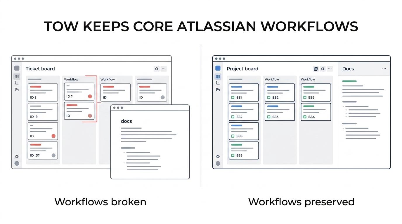 Side-by-side comparison of Jira and Confluence Data Center needs with TOW replacements for tickets, workflows, docs, permissions, exports, and hosting.