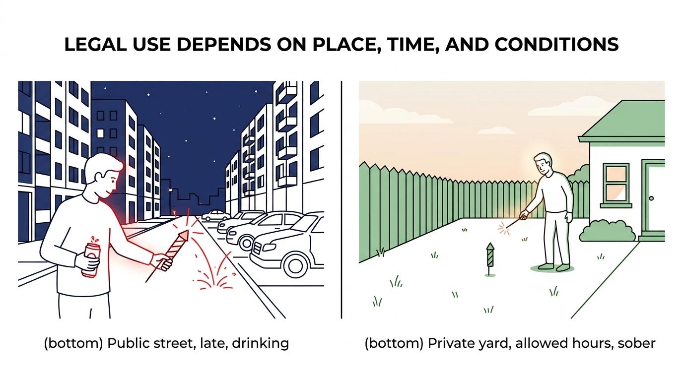 Side-by-side guide comparing lawful Michigan consumer fireworks use with common violation triggers like public property, no permission, late hours, and intoxication.