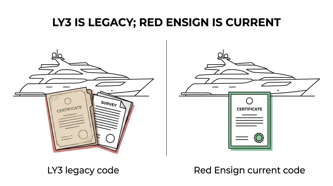 Side-by-side comparison of MCA LY3 as a legacy yacht code and Red Ensign Group Yacht Code Part A as the current UK code from 2019.