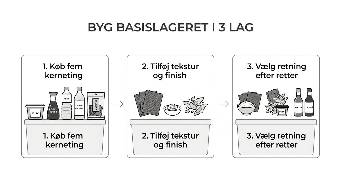 Tre trin til at opbygge et japansk basislager med kernevarer, finish-ingredienser og valg af retning.
