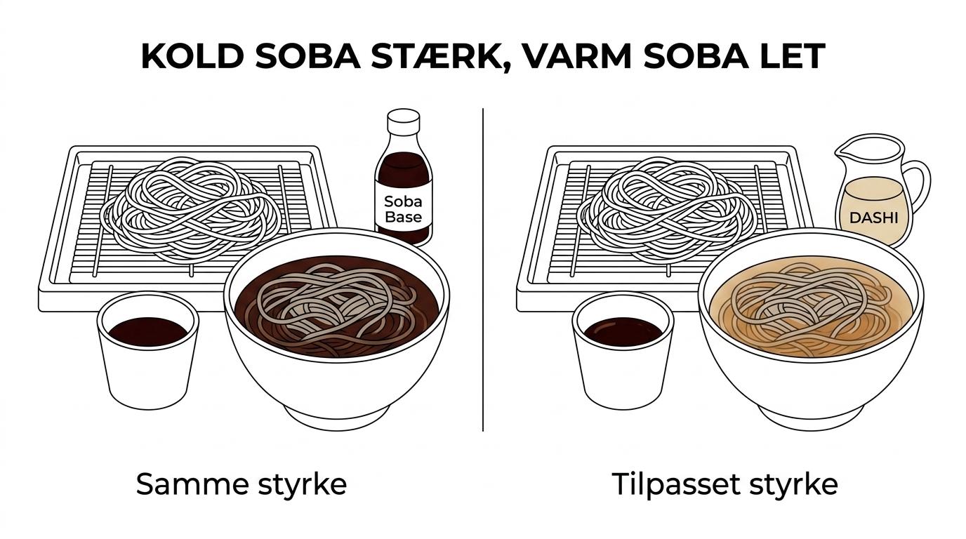 Sammenligning af koncentreret kold soba dipping sauce og lettere varm soba bouillon serveret med nudler.