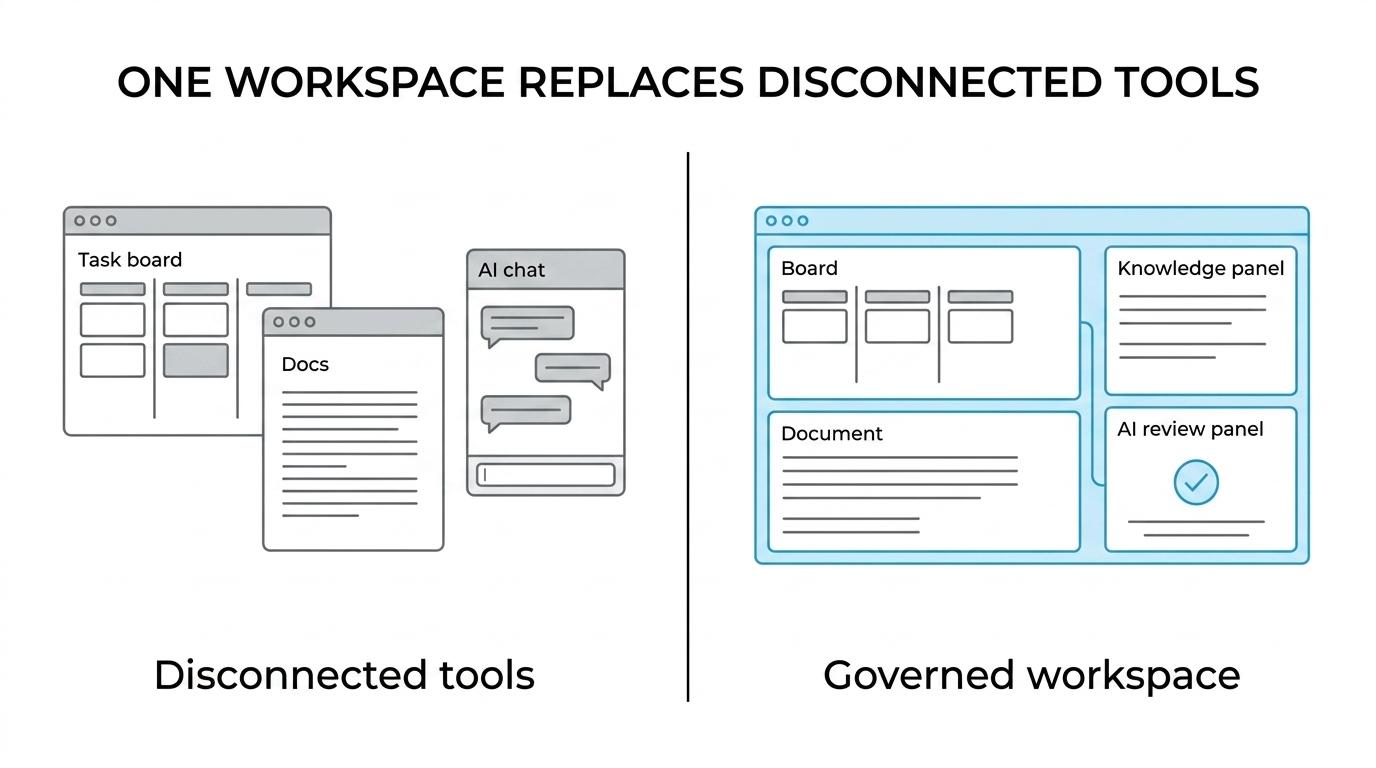 Side-by-side comparison of scattered project, wiki, and AI tools versus one unified TOW workspace with connected projects, docs, memory, and reviewable AI.