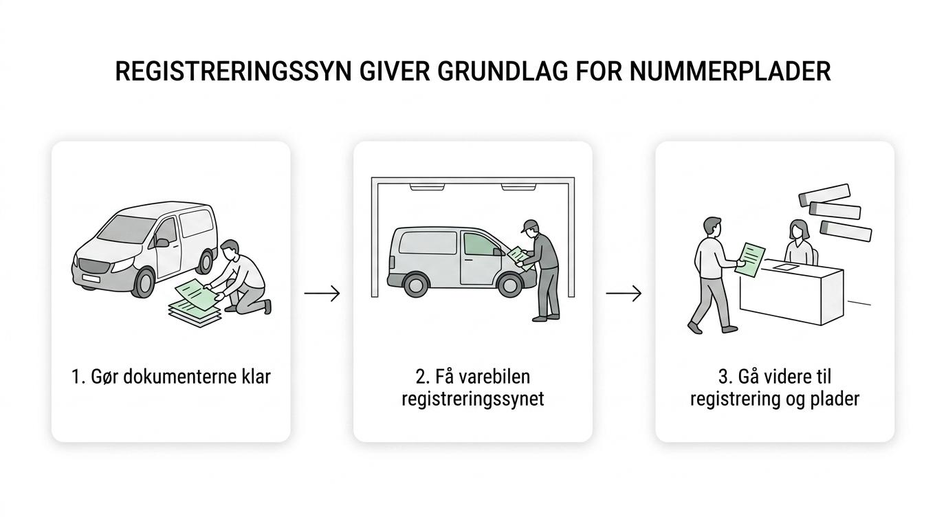 Flowdiagram for varebil registreringssyn med trin fra afklaring af import, afmelding eller ændringer til dokumenter, syn og videre registrering.