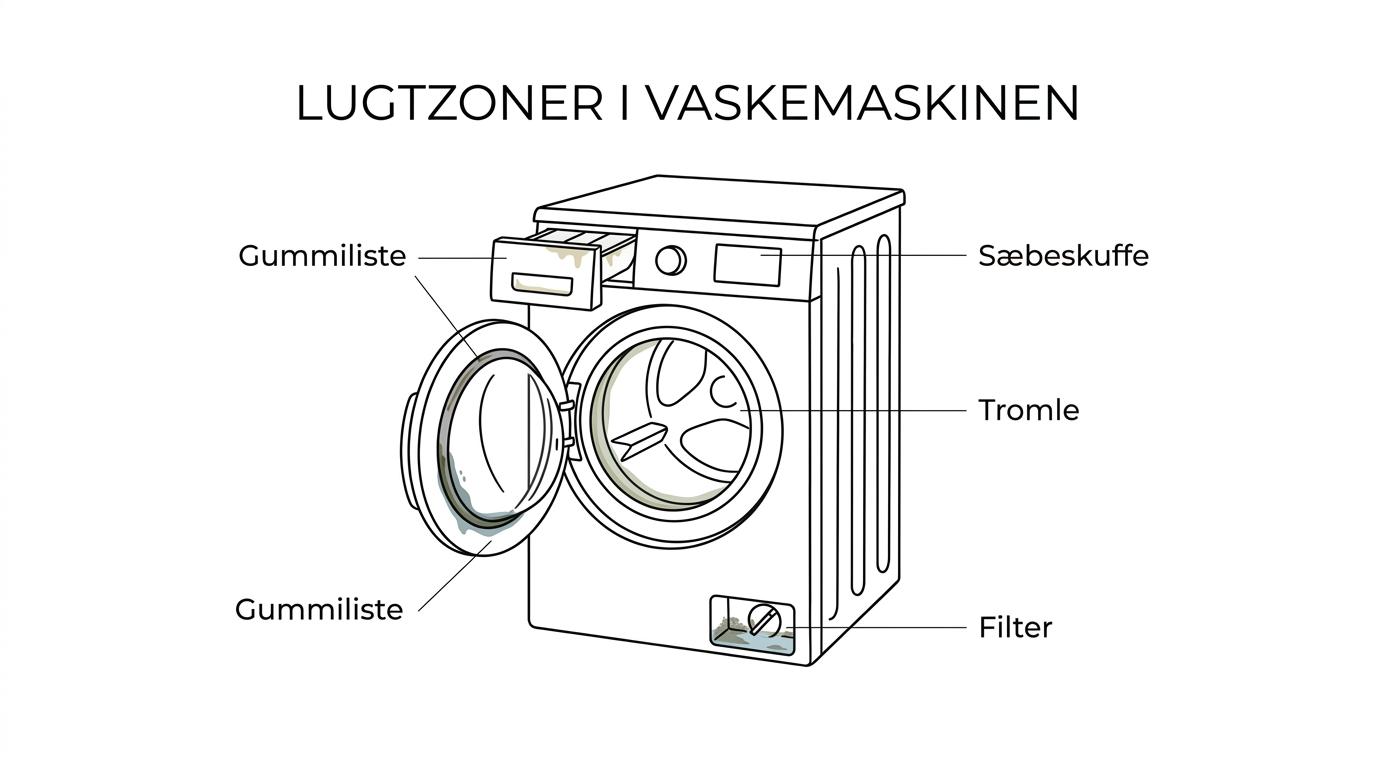 Vaskemaskine med markeringer ved gummiliste, sæbeskuffe, filter, tromle og lågeglas som typiske lugtkilder.