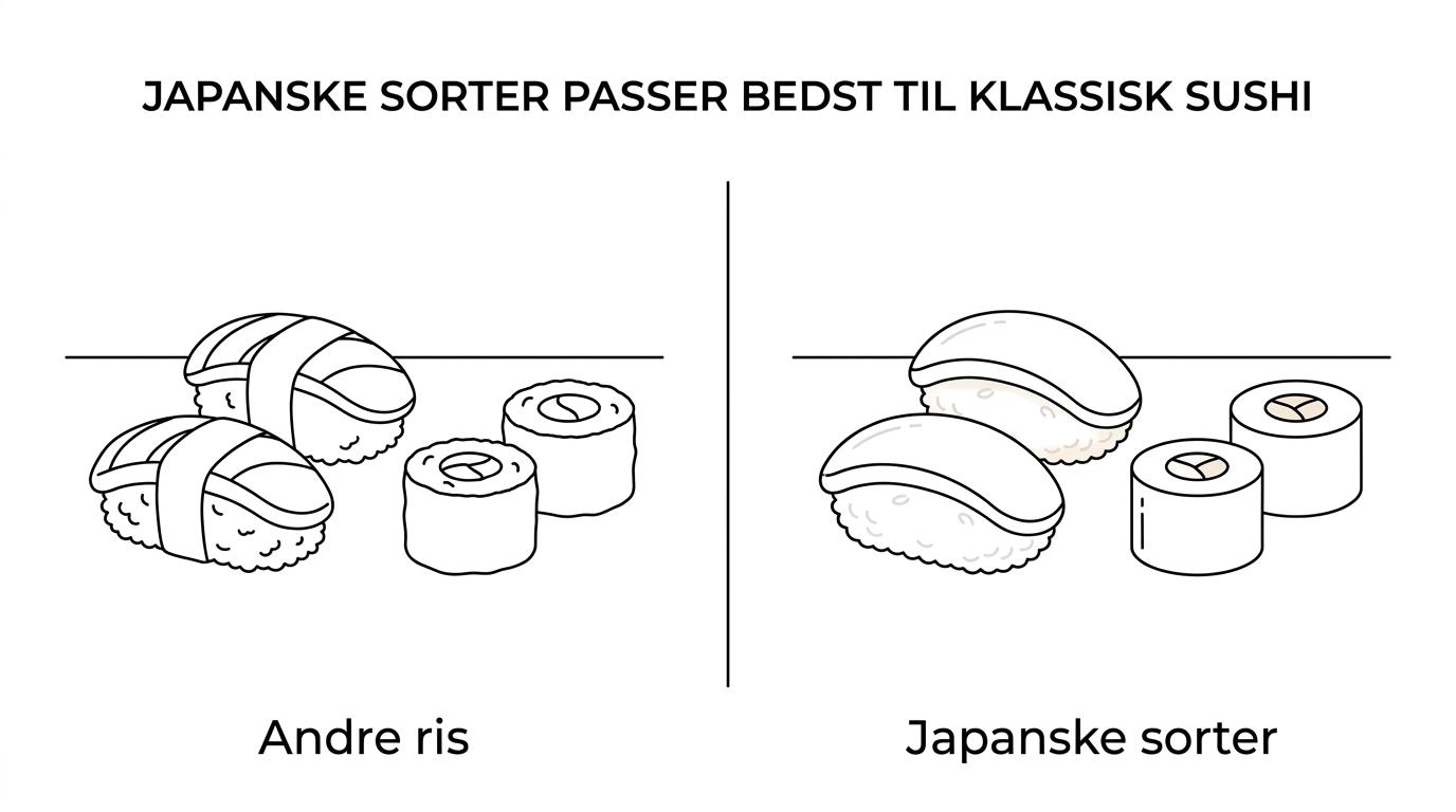 Sammenligning af Koshihikari, Akitakomachi og Calrose med forskelle i tekstur, smag og egnethed til sushi.