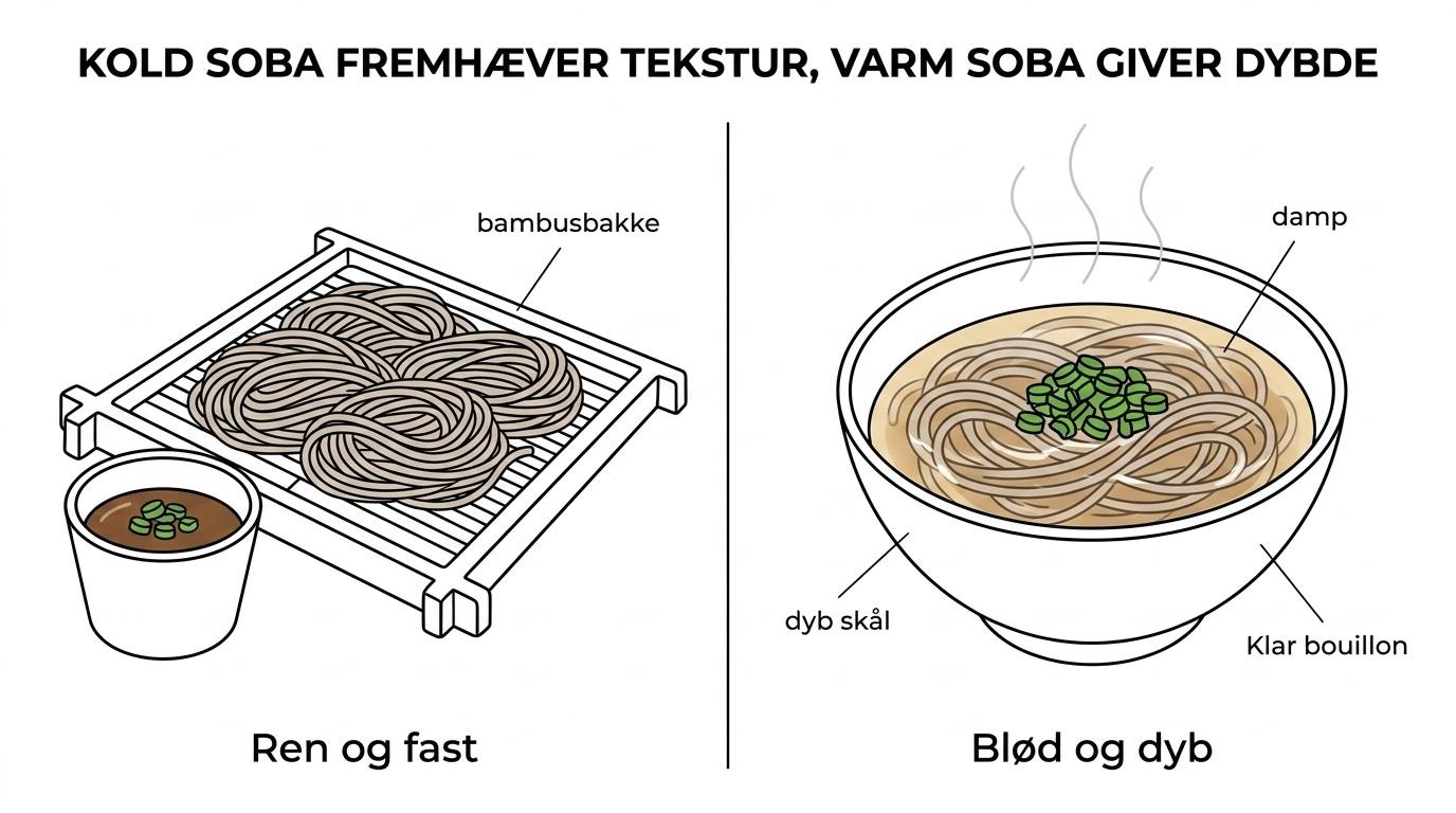 Sammenligning af kolde soba på bambusbakke med dip og toppings ved siden af og varme soba i en skål med klar bouillon.