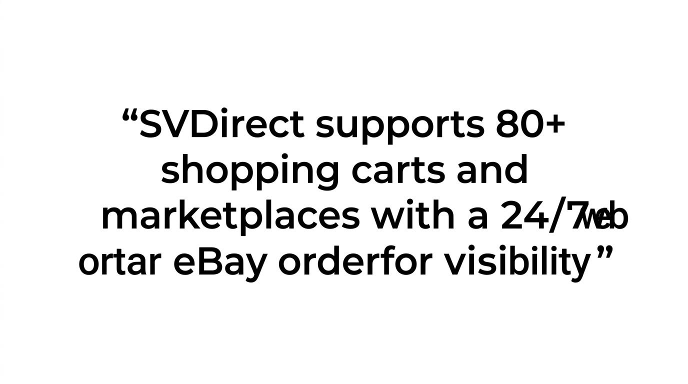 A highlighted quote stating that SVDirect supports 80+ shopping carts and marketplaces, with custom API support and a 24/7 web portal for eBay order visibility.
