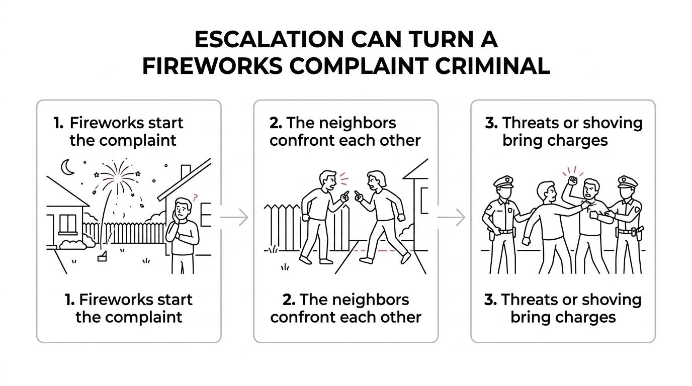 Flowchart showing how a Michigan fireworks complaint can progress from legal or civil issues into disorderly conduct or assault charges based on location, timing, threats, and physical contact.