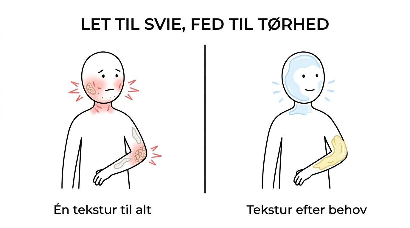 Sammenligning af aftershave balm, fugtighedscreme og salve med forskelle i tekstur, bedste anvendelse og typiske fordele.