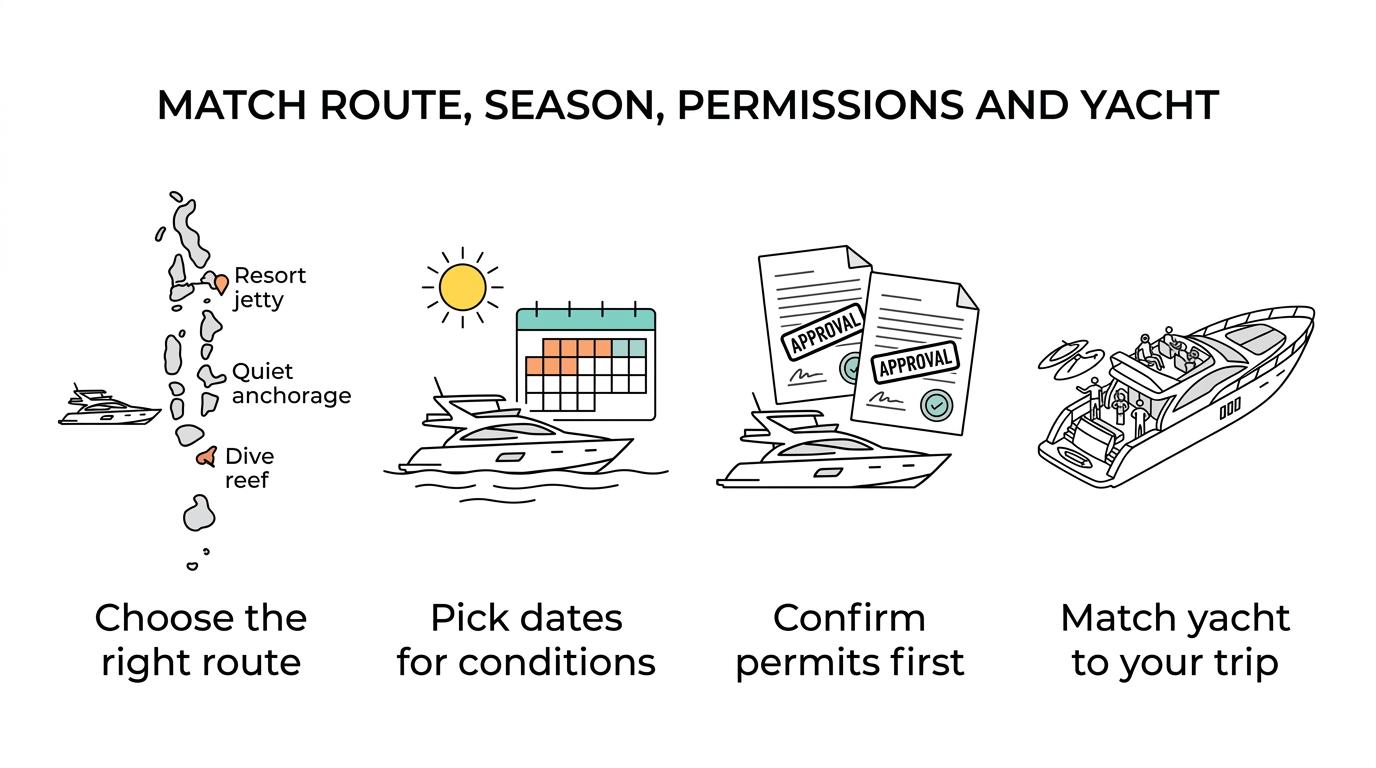 Graphic showing four key Maldives yacht charter planning factors: cruising range, seasonal timing, vessel permissions, and trip style.