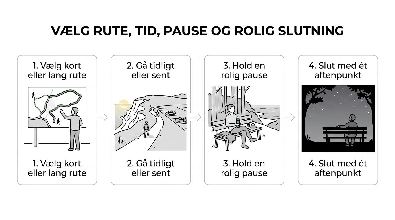 Flowdiagram for en stille dag ved Møns Klint med valg af rutelængde, tidlig eller sen start, en bevidst pause og en rolig afslutning.