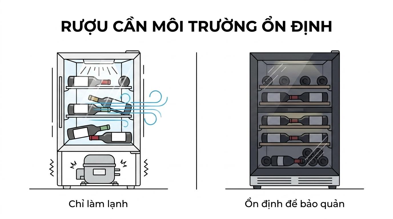 So sánh tủ mát đồ uống và rượu vang chuyên dụng, làm bật khác biệt về nhiệt độ ổn định, chống tia cực tím, độ ẩm và rung động.