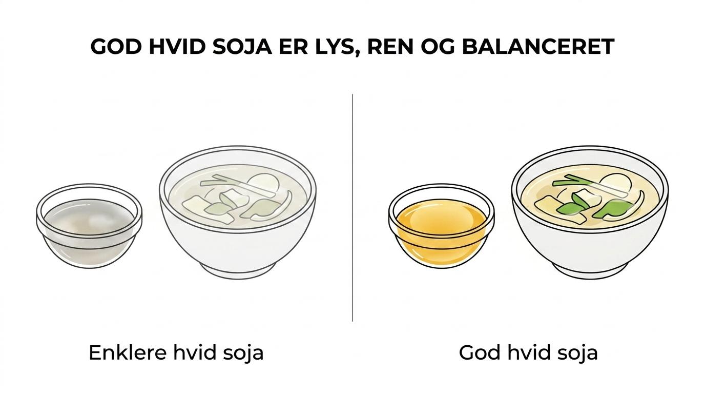 Side-by-side sammenligning af enklere hvid soja og hvid soja af højere kvalitet med forskelle i farve, duft, smag, mundfølelse og brug i mad.