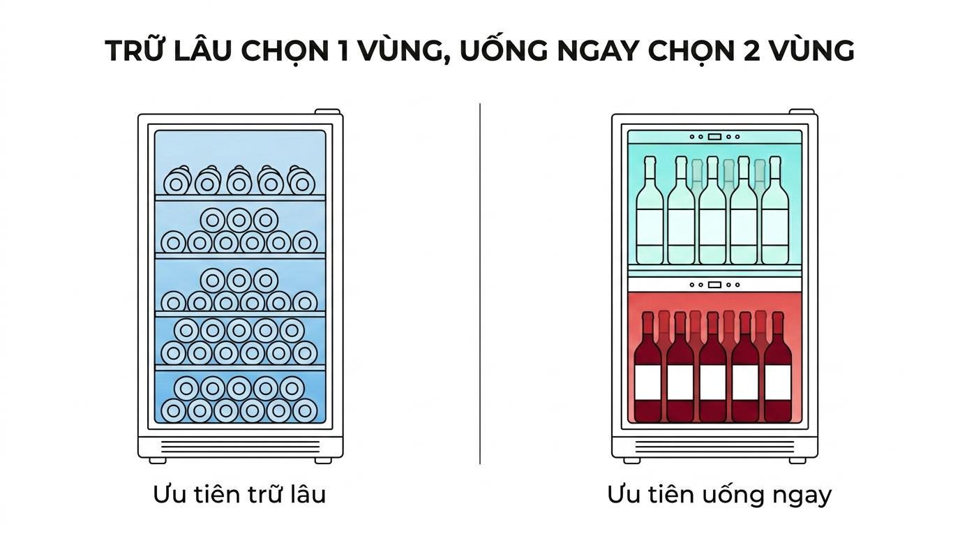 Tủ vang 2 vùng nhiệt khác gì về cách vận hành và mục đích dùng?
