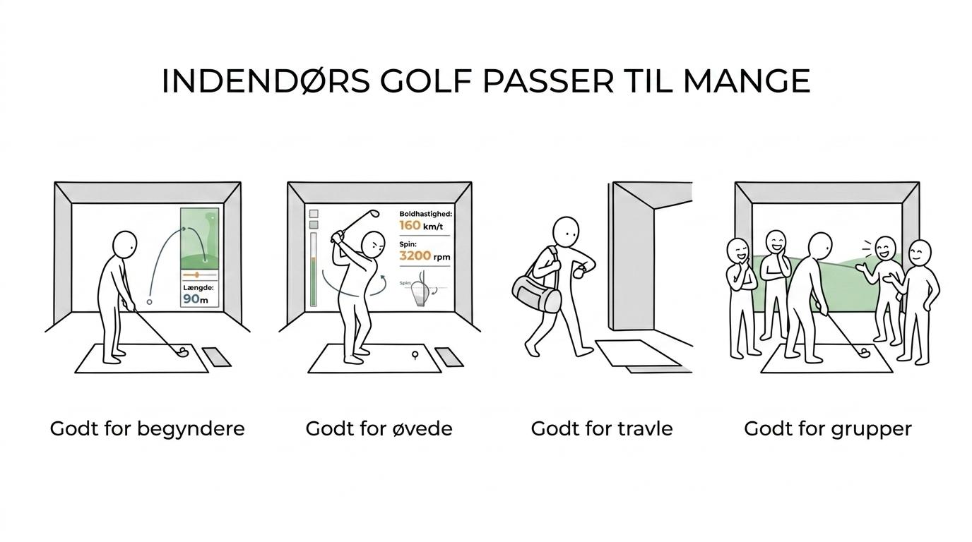 Oversigt med ni typer golfspillere, der typisk får mest ud af indendørs golf, fra begyndere og travle spillere til familier og dataorienterede golfere.