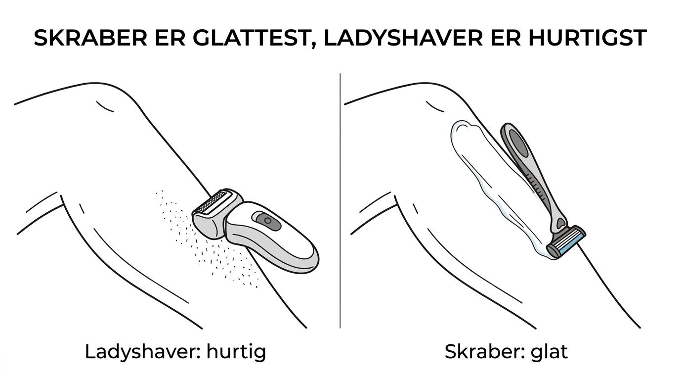 Side-by-side sammenligning af manuel skraber og elektrisk ladyshaver med forskelle i glathed, hastighed og risiko for irritation.