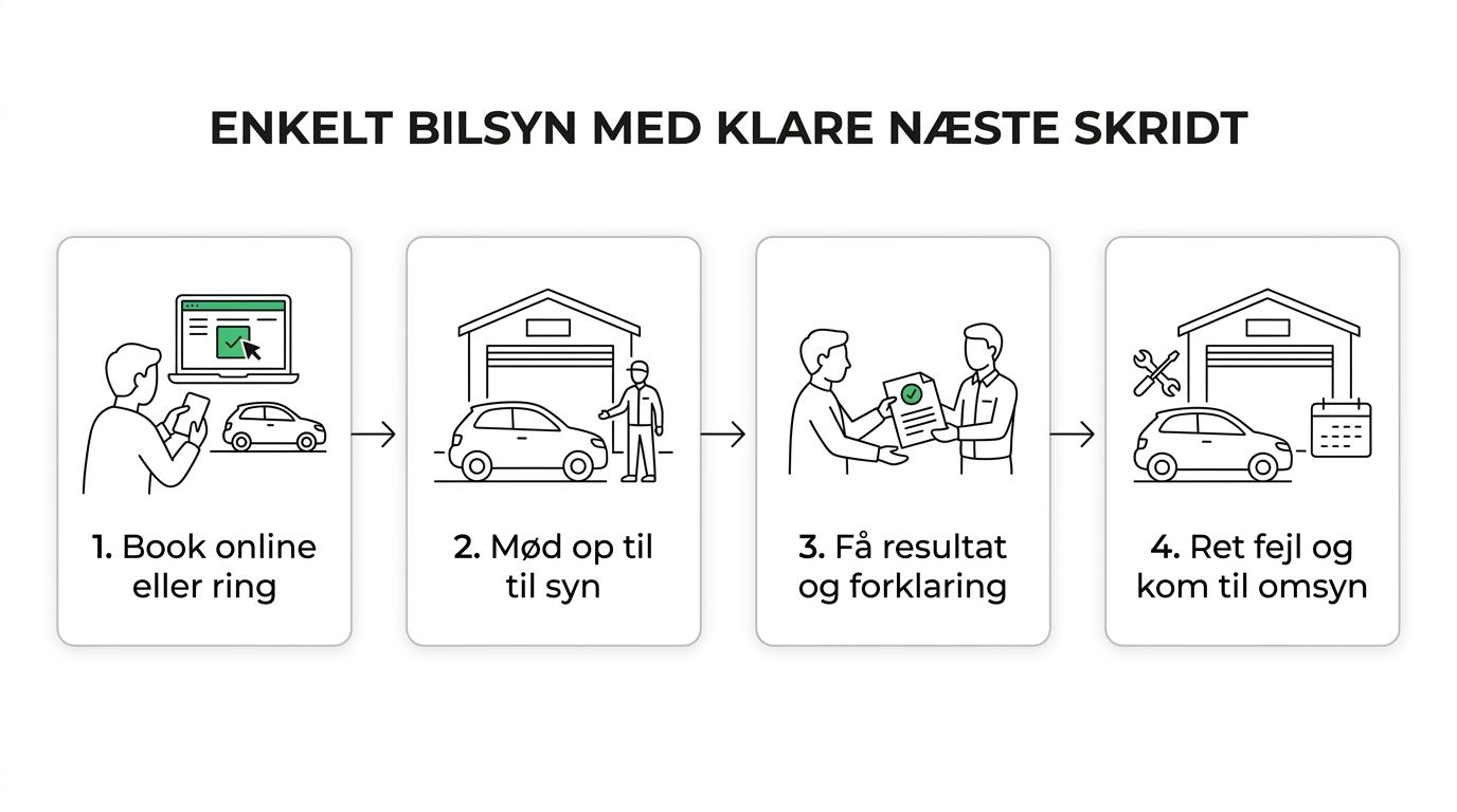 Trinvis illustration af bilsyn hos Bilsyn Fjord fra booking til synsresultat og eventuelt omsyn.