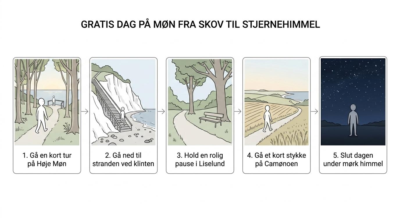 Illustreret dagsforløb på Møn med morgenvandring ved Høje Møn, strand under klinten, Liselund, en kort Camønoen-etape og stjernehimmel om aftenen.