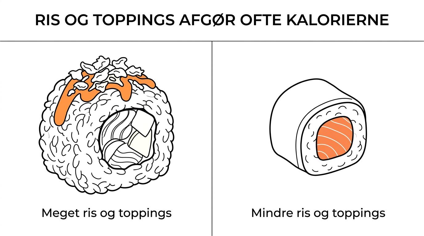 Side om side visning af enkel nigiri og maki sammenlignet med fyldige uramaki med mayo, avocado og sprød topping.