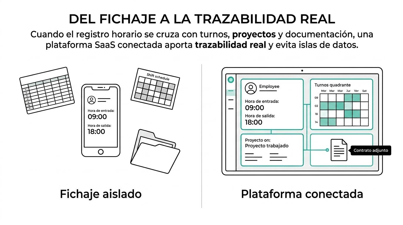 Comparación entre una app de control horario básica y una plataforma SaaS integrada con proyectos, cuadrantes, gastos y documentación.