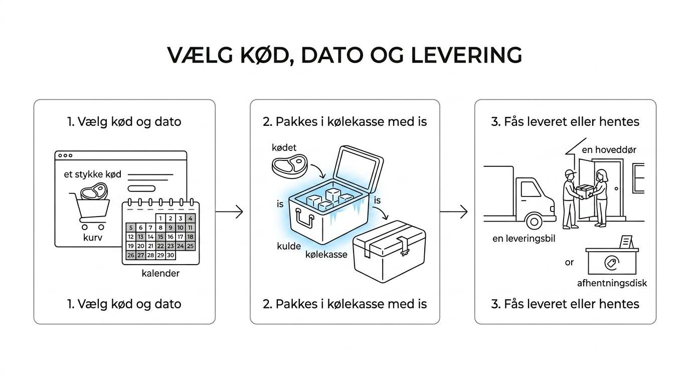 Et procesdiagram, der viser valg af kød online, valg af leveringsdato, pakning i kølekasse med is og levering til hoveddør eller afhentning i Brøndby.