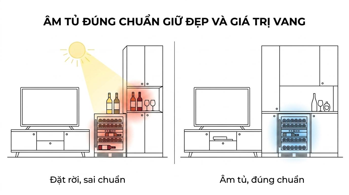 So sánh một phòng khách dùng tủ rượu đặt rời với một phòng khách có tủ rượu vang âm tủ tích hợp gọn trong hệ nội thất.