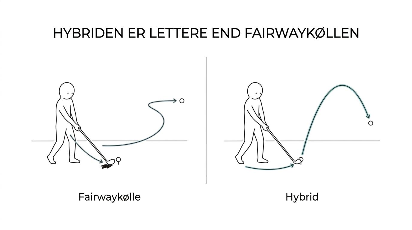 Sammenligning mellem en hybrid og en fairwaykølle i simulator med forskelle i loft, køllelængde, kontakt og boldflugt.