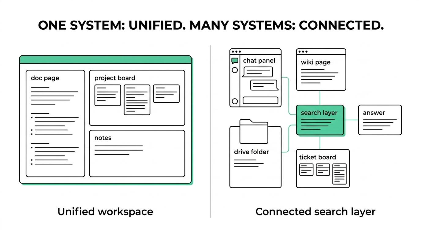 Side-by-side comparison of a unified AI workspace versus a connected search layer, showing best-fit use cases, strengths, and trade-offs.