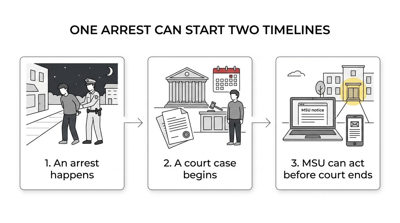 Flowchart showing parallel tracks from an East Lansing arrest to criminal court steps and MSU conduct actions, including notice, interim suspension, conduct hold, petition, and appeal.