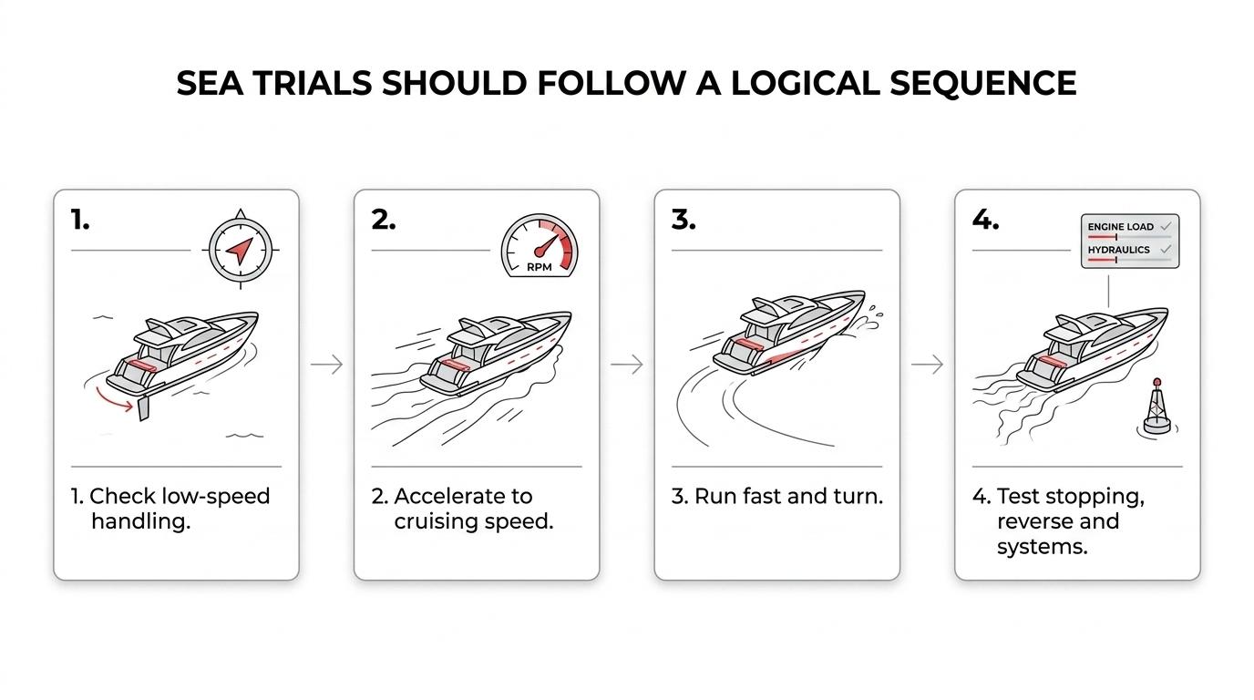 Flow diagram showing yacht sea trial stages from dock checks and idle handling to acceleration, cruising, hard turns, reverse, systems under load, and final findings review.