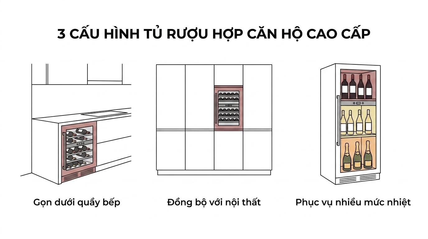 Minh họa ba cấu hình tủ rượu vang cho căn hộ: dưới quầy bếp, âm tủ tích hợp nội thất và tủ đa nhiệt độ.
