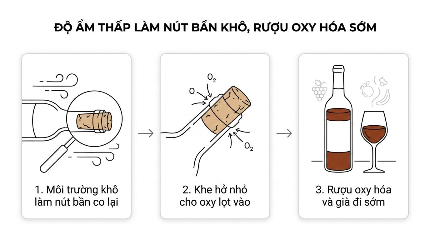 Độ ẩm bảo quản rượu vang tác động đến hương vị theo cơ chế nào