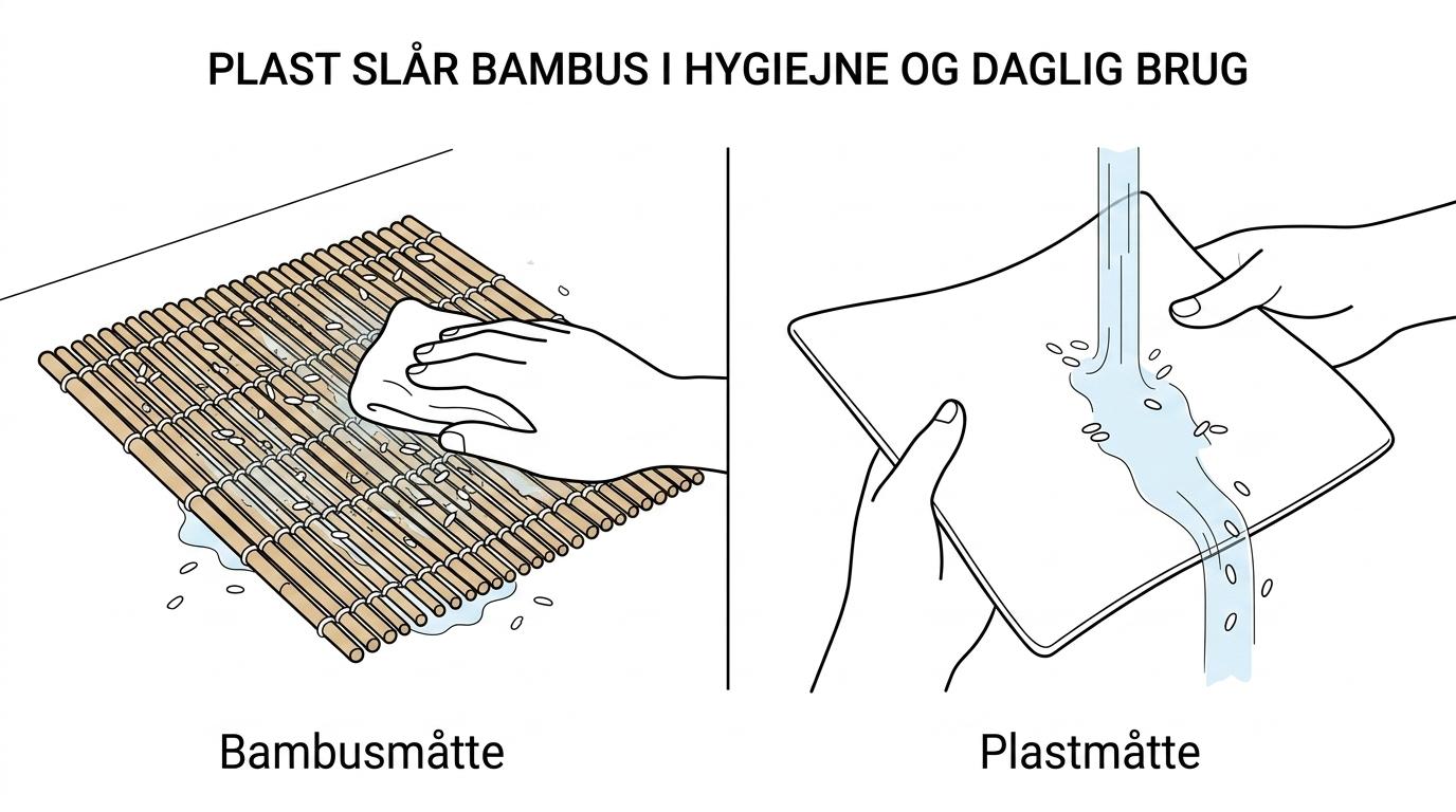 Side-om-side sammenligning af en Hasegawa plast sushimåtte og en traditionel bambusmåtte med fokus på rengøring, fugt og brugsegenskaber.